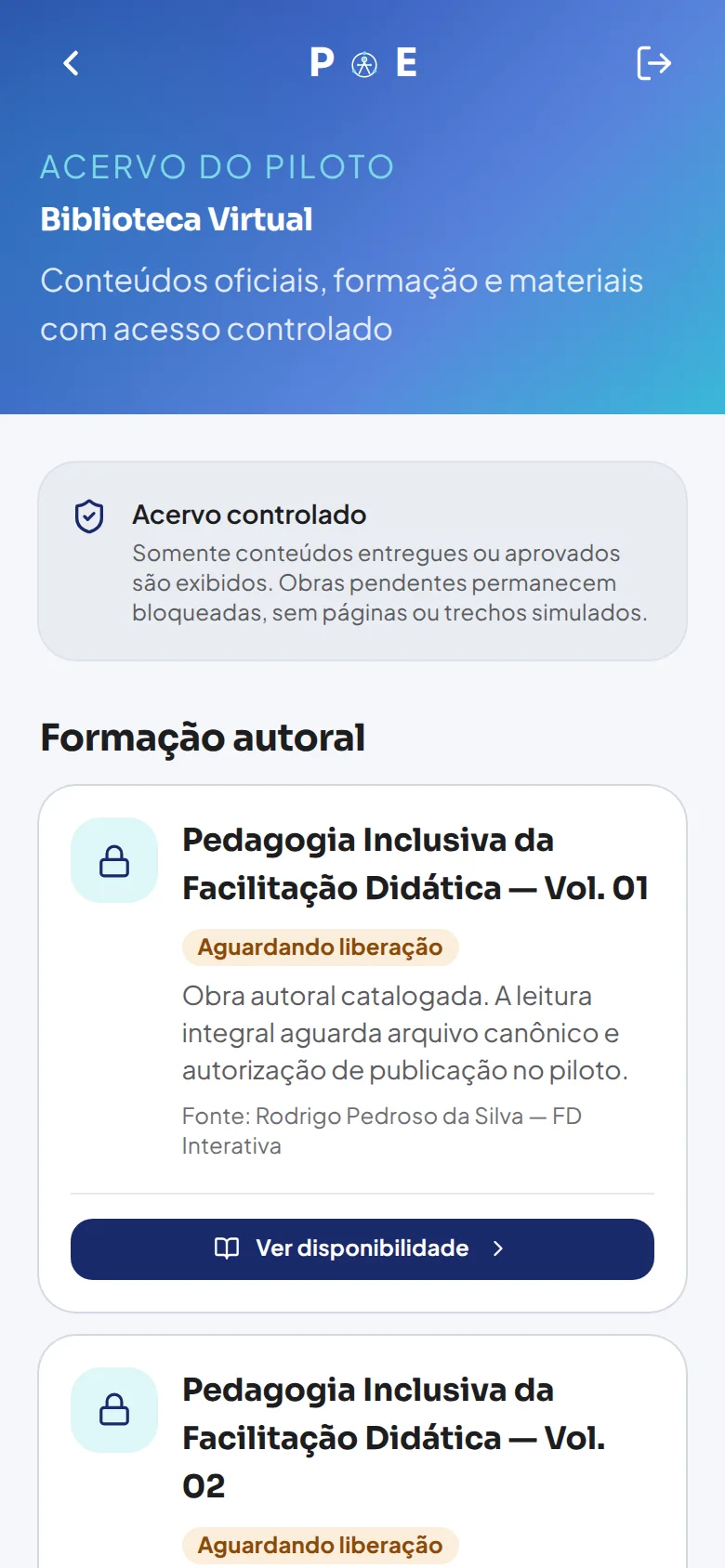 Biblioteca Virtual do app PAE com as obras da Pedagogia Inclusiva da Facilitação Didática