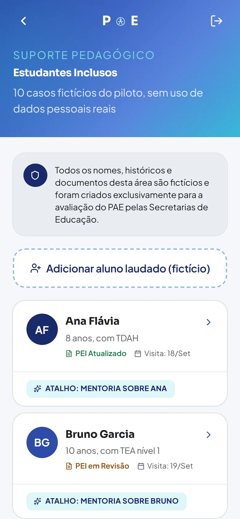 Lista de estudantes fictícios no app PAE, com situação do PEI e atalho para a mentoria