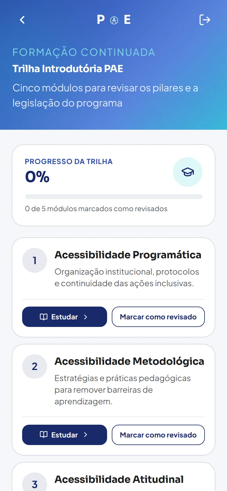 Trilha de formação continuada no app PAE, com progresso por módulo