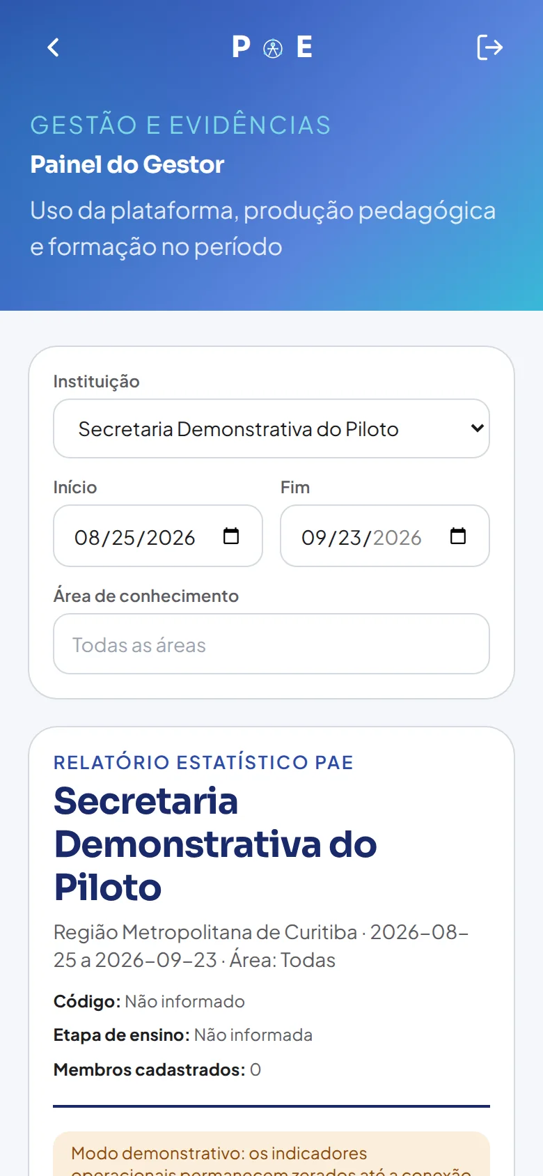 Painel do Gestor no app PAE, com relatório estatístico de uma secretaria demonstrativa