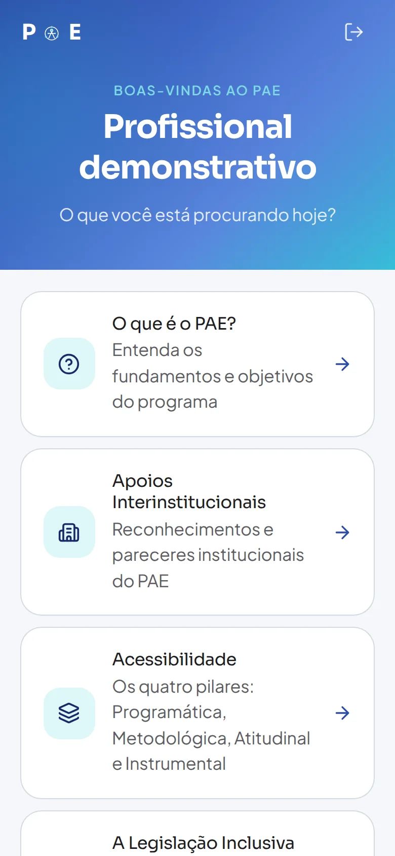 Tela inicial do app PAE com o menu: O que é o PAE, Apoios Interinstitucionais, Acessibilidade e Legislação Inclusiva