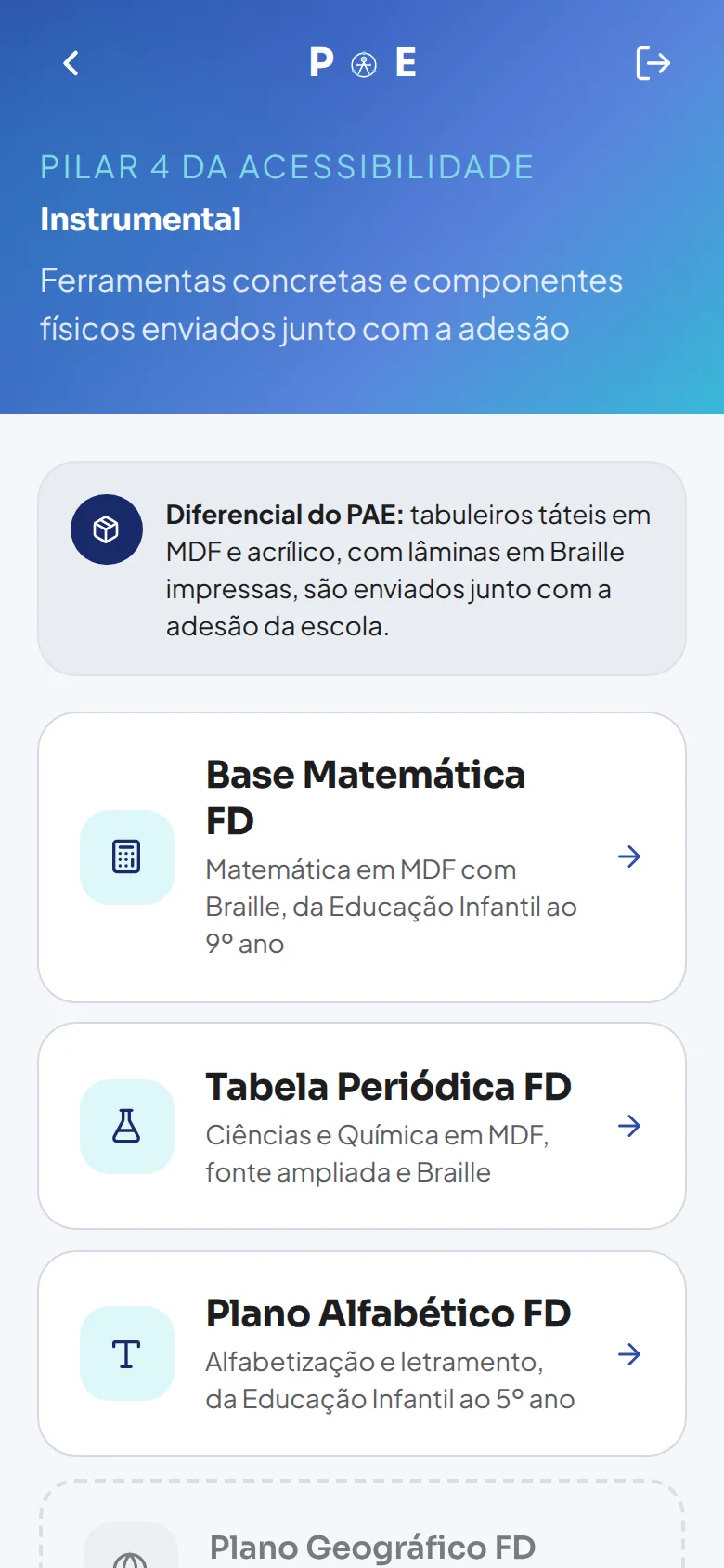 Pilar Instrumental no app PAE: Base Matemática FD, Tabela Periódica FD e Plano Alfabético FD