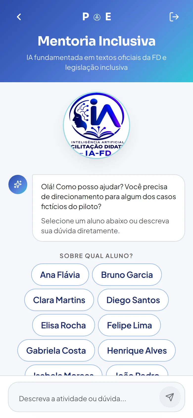 Mentoria Inclusiva no app PAE: a IA-FD pergunta sobre qual estudante o professor precisa de orientação
