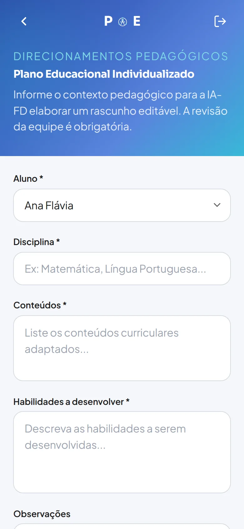 Formulário do Plano Educacional Individualizado no app PAE, com apoio da IA-FD